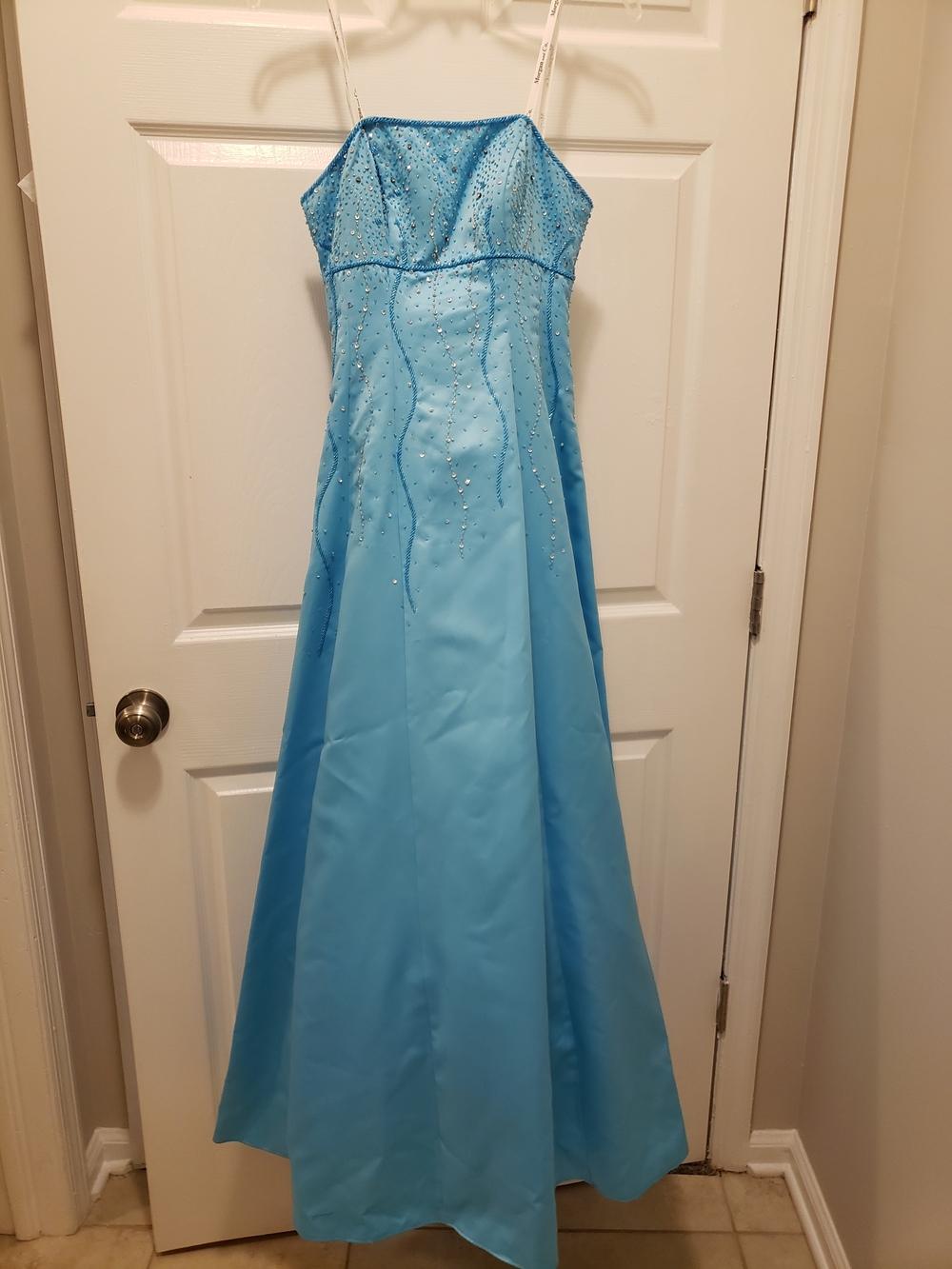 Morgan & Co Light Blue Beaded Strapless Evening Gown